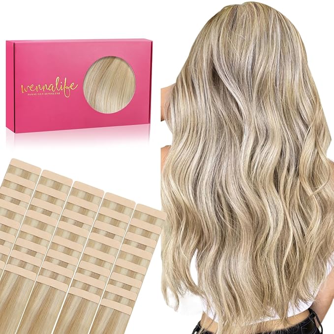 WENNALIFE Tape in Hair Extensions Human Hair, 40pcs 100g 14 inch Dirty Blonde Highlighted Bleach Blonde Hair Extensions Real Human Hair Straight Tape in Extensions Invisible Human Hair Extensions