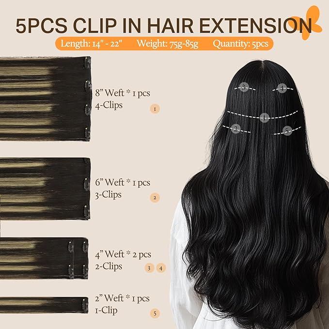 DOORES Human Hair Extensions Clip in, 5pcs 80g Natural Black to Light Blonde Balayage 18 Inch Real Clip in Hair Extensions Straight Hair Extensions