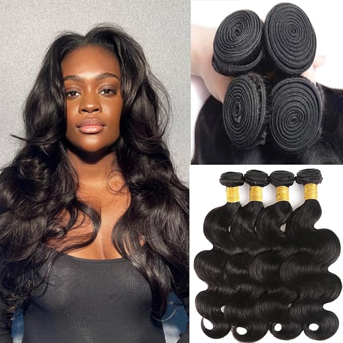 Body Wave Bundles Human Hair 16 18 20 22 Inch 12A Grade Unprocessed Brazilian Virgin Hair 4 Bundles Body Wave Human Hair Extensions for Black Women Natural Color