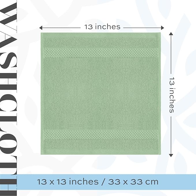 White Classic Luxury Cotton Washcloths 13x13 Inch - 650 GSM Turkish Cotton | Hotel, Spa, Bathroom Face Towel | 12 Pack, Light Green