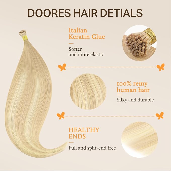 DOORES I Tip Hair Extensions Human Hair, Drity Blonde Mixed Platinum Blonde 50g/100s 16 Inch, Pre Bonded Human Hair Extensions