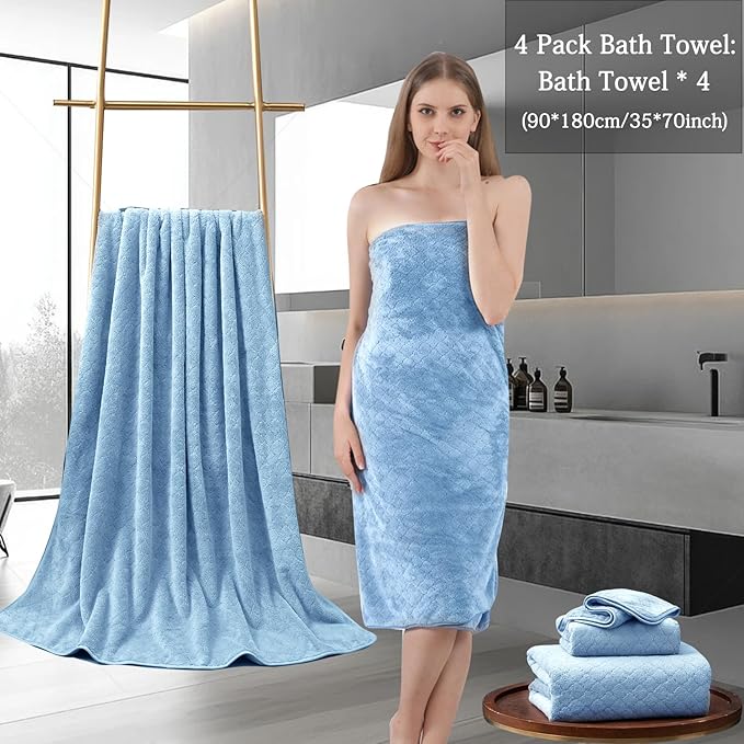 Ycosy Extra Large Bath Towels Set 35x70 Inches - Blue Luxury 600 GSM Oversized Bath Sheet Towel,Ultra Soft Microfiber - Quick Dry,Highly Absorbent Shower Towels Spa Hotel Bathroom Towel Set (4-Pack)