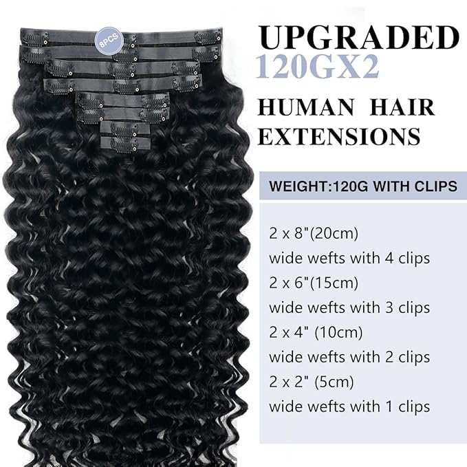 Deep Wave Clip in Hair Extensions Real Human Hair 2 Pack 240g Seamless Clip in Hair Extensions for Women Full Max with 16Pcs PU Thin Weft 16inch Natural Black