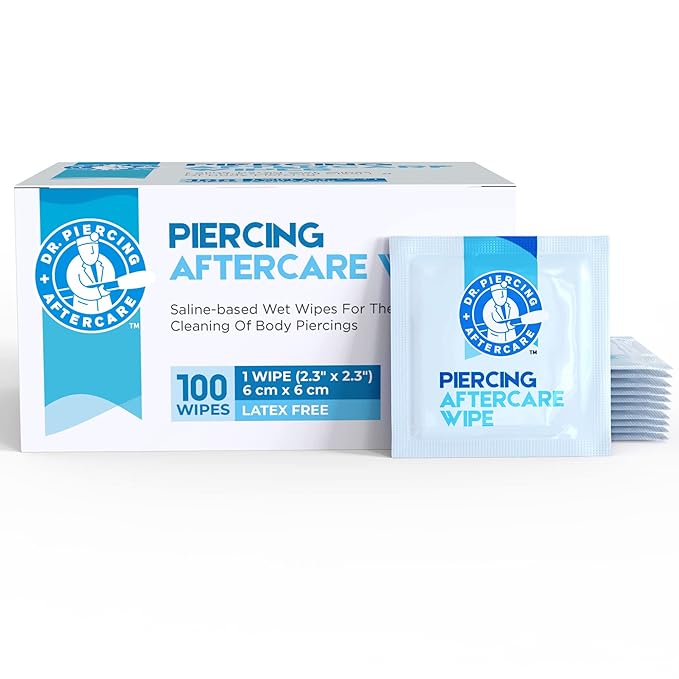 Dr. Piercing Aftercare Wipes – Piercing Aftercare | Saline Solution for Piercings - Keloid Bump Ear Piercing Cleaner – Ears Lips Belly Nose Piercing Bump - Piercing Hole Cleaner (100 Count)