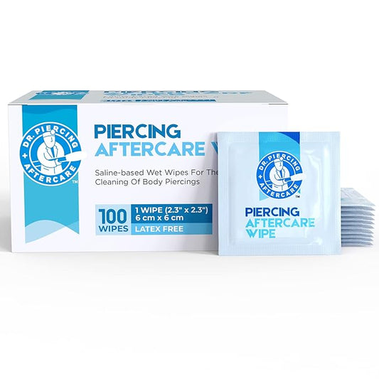 Dr. Piercing Aftercare Wipes – Piercing Aftercare | Saline Solution for Piercings - Keloid Bump Ear Piercing Cleaner – Ears Lips Belly Nose Piercing Bump - Piercing Hole Cleaner (100 Count)