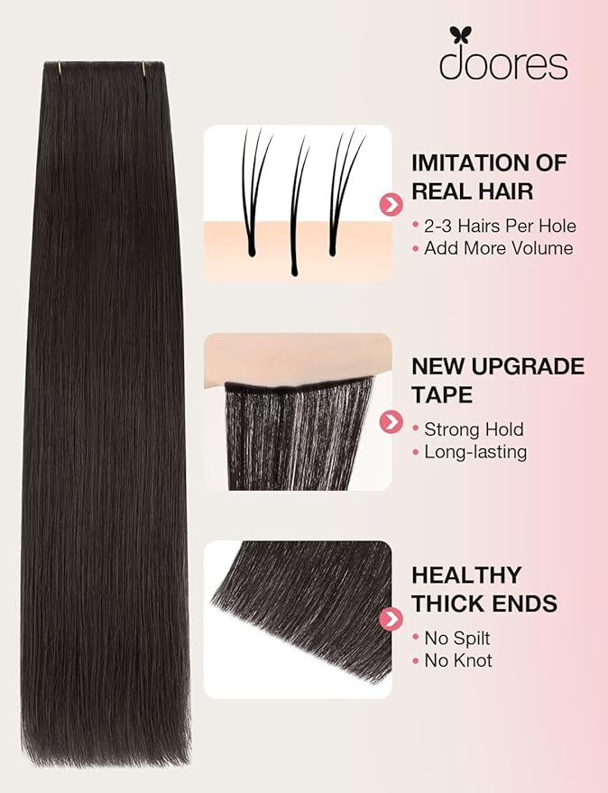 DOORES Invisi Edge Tape in Wide Hair Extensions Real Human Hair, Dark Brown 4PCS Injection Tape ins 20g 20 Inch, Injected 3 Inch Wide Extensions Virgin Thick Ends for Women Girl