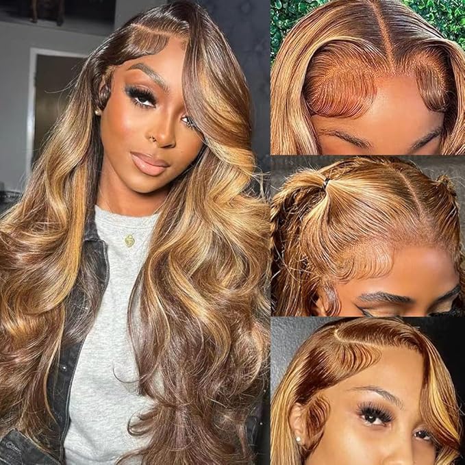 30 Inch 13x6 Body Wave Highlight Ombre Lace Front Wig Human Hair 13x6 HD Lace Front Wigs Human Hair 180% Density P4/27 Colored Wigs Honey Blonde Glueless Wigs Human Hair Pre Plucked Pre Cut