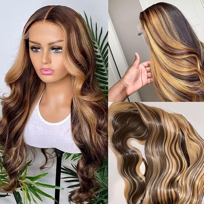 Honey Blonde Lace Front Wig Human Hair 5x5 HD Lace Closure Wigs Human Hair Pre Plucked with Baby Hair 180% Highlight Glueless Lace Front Wigs Human Hair Body Wave Closure Wig(16 Inch)
