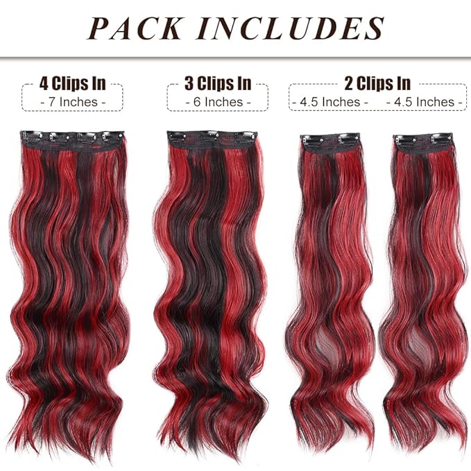Vigorous Clip in Hair Extensions 24Inch Black with Red Highlights Hair Extension Clip Ins 4Pcs Long Wavy Soft Synthetic Hairpieces for Women Girls Daily Use Event Party Use