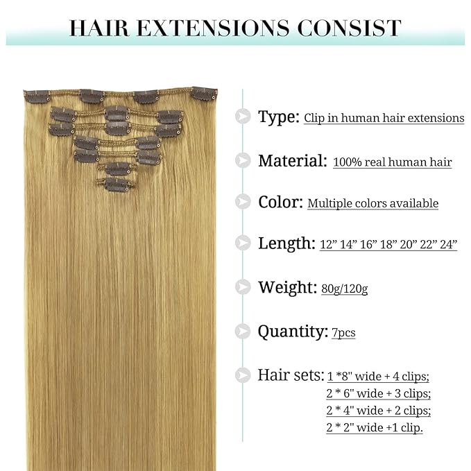 DOORES Clip in Hair Extensions - Dirty Blonde, 22 Inch, 7pcs 120g - Real Human Hair for Women, Thick Silky Straight Natural Extensions