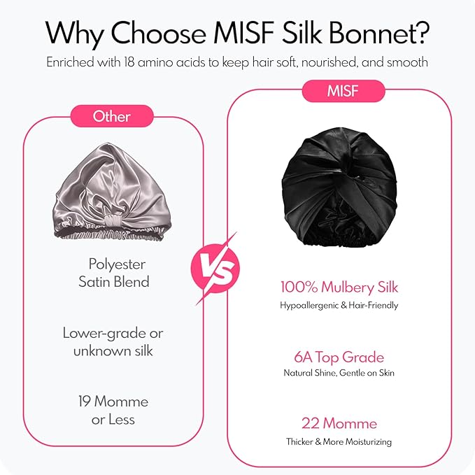 MISF 22 Momme 100% Real Mulberry Silk Bonnet For Sleeping Women, Double Layer Pure Silk Bonnet with Adjustable Elastic Band