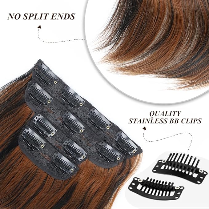 Vigorous Clip in Hair Extensions 20 Inch Black mix Brown Hair Extension 4Pcs Long Wavy Soft Synthetic Hairpieces for Women