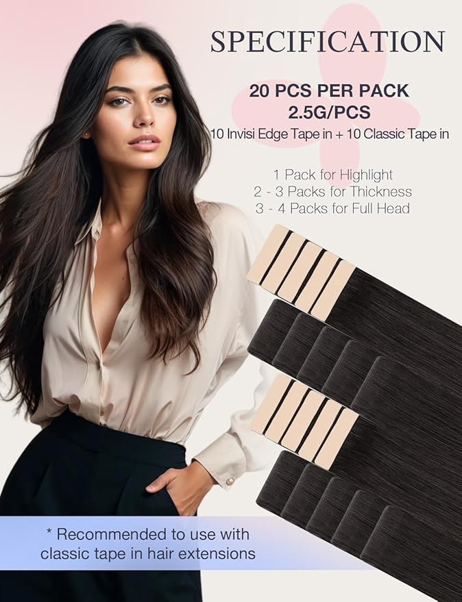 DOORES Invisi Edge Tape in Hair Extensions Human Hair, Natural Black 10 Injection Tape-ins with 10 Classic Tape-ins 50g 20 Inch, Injected Tape in Extensions Virgin Human Thick Ends