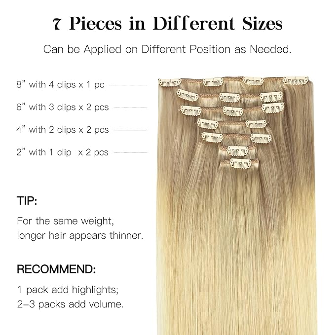 HOTBANANA Human Hair Clip-in Extensions, Ash Blonde to Golden Blonde & Platinum Blonde, 75g, 12 Inch, 7pcs, Real Human Hair, Straight Remy