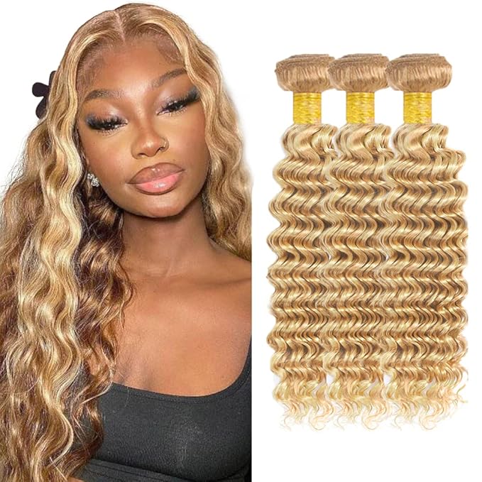 28 30 32 inch P27/613 Human Hair Bundles Blonde Deep Wave 3 Bundles 613 and 27 Hair Extensions Two Tone Honey Blonde Bundle
