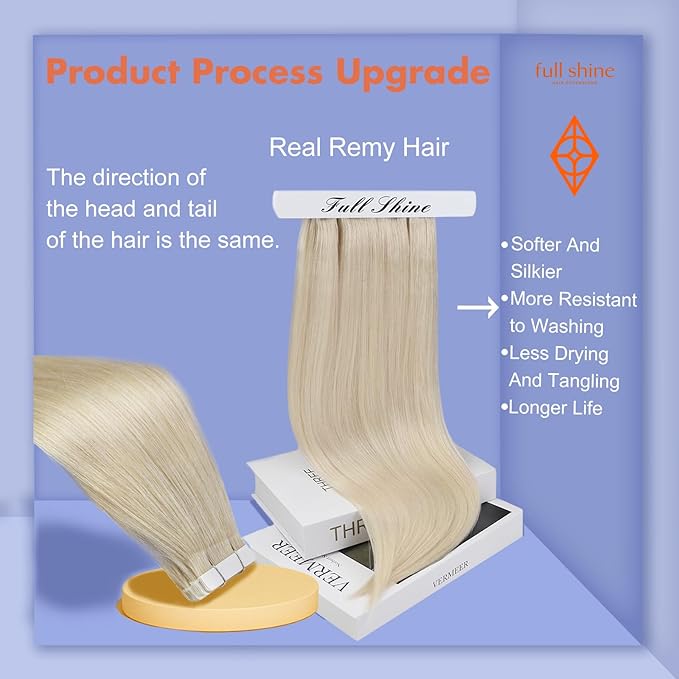 Full Shine Fashion Tape Hair Extensions Real Human Hair Couture Short 12 Inch Color 60 Platinum Blonde in Remy 20 Pcs 30G Thick Ends Piece Invisible Seamless Human Hair Extensions Tape in