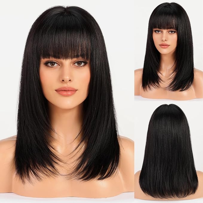 KKU 16 Inch Human Hair Wigs for Women,Layered Straight Hair Wig with Bangs,Wear Natural Realism,Real Hair Wigs