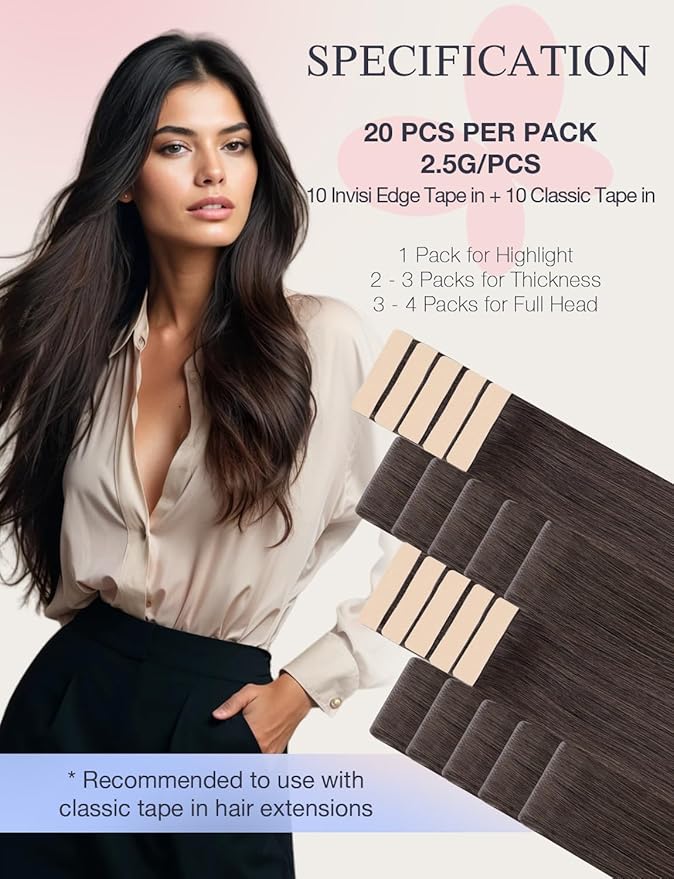DOORES Invisi Edge Tape in Hair Extensions, Light Dark Brown 10 Injection Tapeins with 10 Classic Tapeins 50g 16 Inch, Injected Tape in Extensions Virgin Human Hair Thick Ends