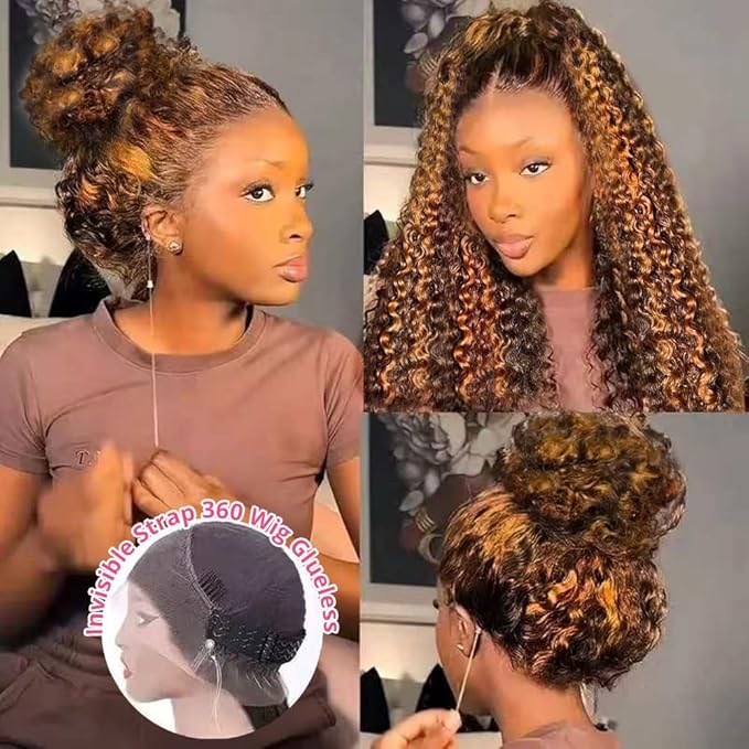 AMIRTY Hidden Strap 360 Lace Front Wigs Human Hair 250 Density Highlight Curly Human Hair Wig Pre Plucked Bleached Tiny Knots Honey Blonde Full Lace Frontal Wig with Invisible Drawstring28Inch