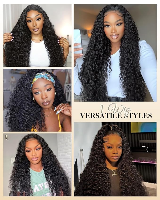 Deep Wave Half Wig Human Hair 200% Density 3 in 1 Half Wigs for Women, Invisible Hairline Glueless Wear & Go Beginner Friendly Drawstring Seamless Flip Headband Wig, 26 Inch