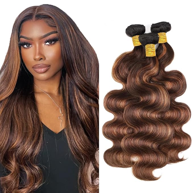 Freiuoke Highlight Bundles Human Hair P4/30 Body Wave Bundle 26 28 30 Inch Brazilian Virgin Hair 3 Bundles Color 30 Human Hair Extensions