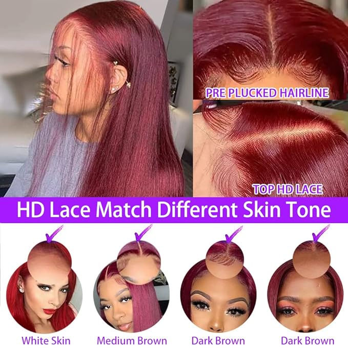 CHEETAHBEAUTY 99j Burgundy Lace Front Wigs Human Hair 22Inch 13x6 Burgundy Wig Human Hair 220% Density Brazilian Virgin Straight Human Hair Wigs for Women Pre Plucked with Baby Hair