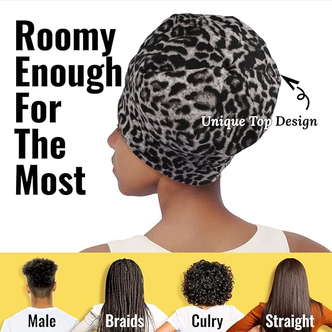 Satin Lined Sleep Cap Bonnet for Curly Hair and Braids, Stay On All Night Hair Wrap with Adjustable Strap for Women and Men, Grey Leopard, Pack of 1