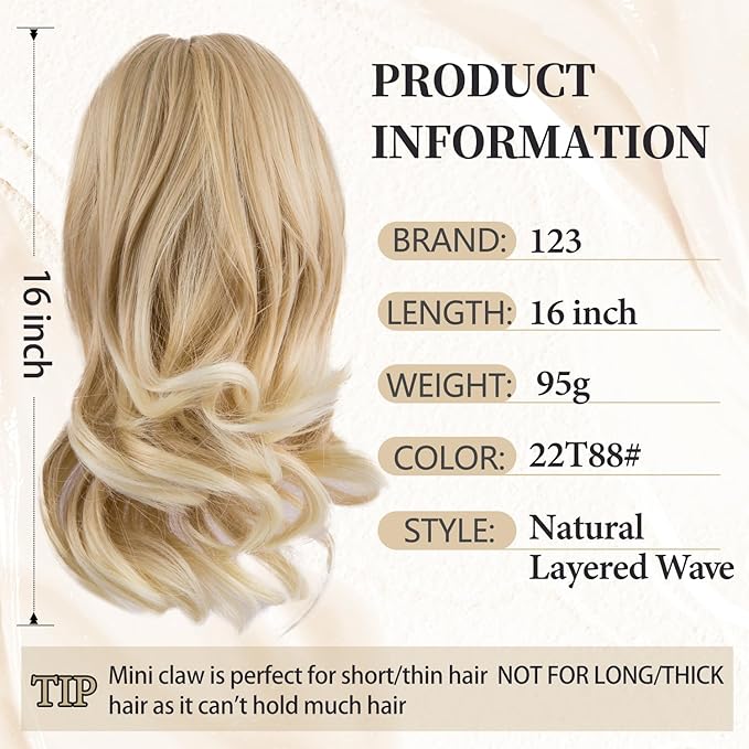 12 Inch Ponytail Extension, Claw Clip inWavy Pony Tails Hair Extensions, Synthetic Hair Extensions Ponytail, Clip on Ponytails for Women - Golden Blonde with Light Ends22