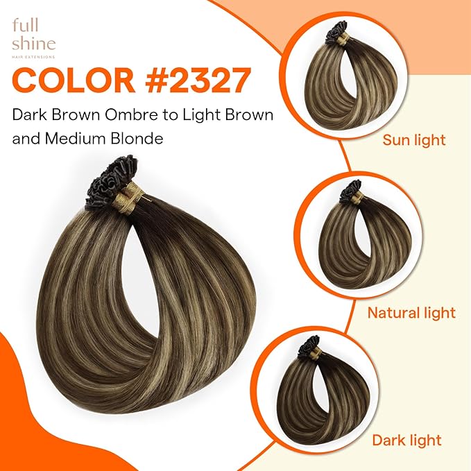 Full Shine Utip Human Hair Extensions 18 Inch 50 Grams Dark Brown Ombre to Brown Highlight Blonde Keratin Tip Hair Extensions Human Hair Straight Natural Extensions add Length