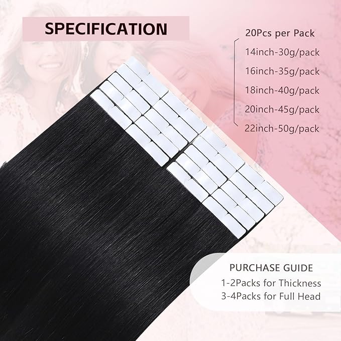 3rd-Generation Pro3.0 Invisible Tape in Hair Extensions Real Human Hair #1 Jet Black Color 20pcs 40g 18inch Seamless Insert Hand-Tied Invisi Edge Tape ins Extensions（#1a-18inch）