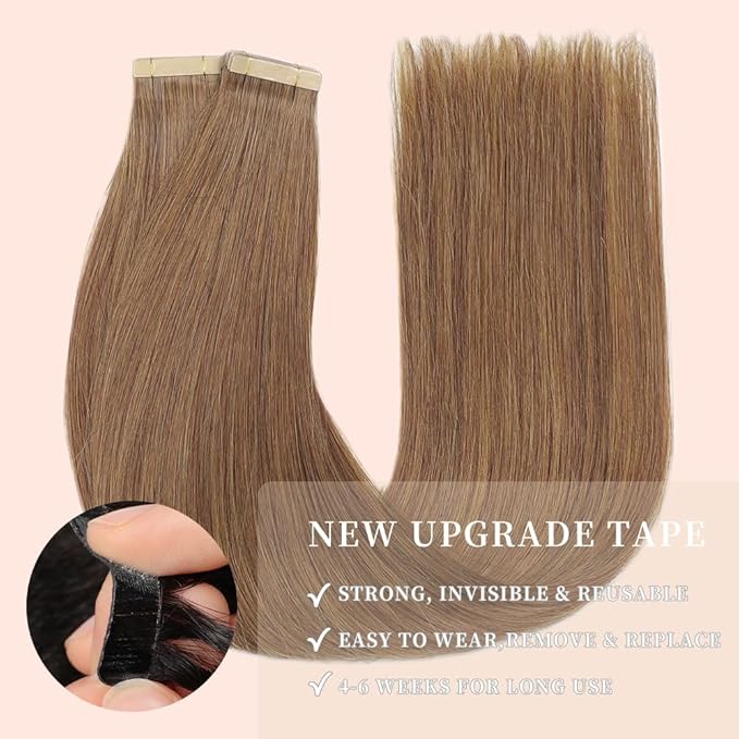 Tape in Hair Extensions Human Hair, 20pcs 16 Inch Medium Brown Remy Hair Extensions Straight Human Hair Tape in Extensions Skin Weft Tape Extensions Human Hair (10#,16 Inch)