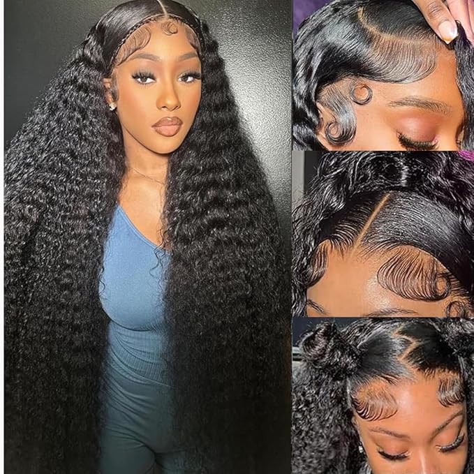 34 Inch 13x6 Deep Wave Lace Front Wigs Human Hair Wigs for Women 200 Density HD Transparent Deep Curly Lace Frontal Wigs Human Hair Pre Plucked with Baby Hair Natural Color
