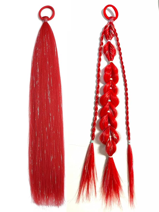 Colored Hair Extensions Red Ponytail Extension 2 Packs, 20 inch Crazy Hair Day Accessories for Women, DIY Festival Wacky Rave Braids,Tinsel Mixed
