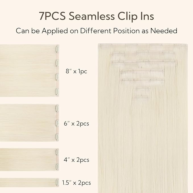 HOTBANANA Seamless Clip in Hair Extensions, 24 Inch 140g 7pcs Ivory Blonde Invisible PU Skin Weft Straight Remy Human Hair Extensions