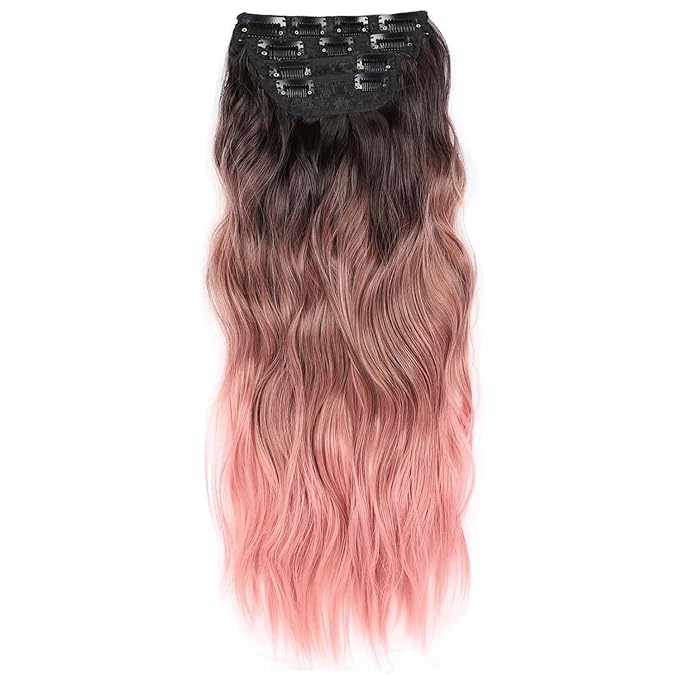 24 Inch Clip in Long Wavy Curly Hair Extensions, 4 PCS Pink Hair Extensions Clip ins, Thick Hairpieces Clip in Hair Extension for Women Synthetic Hair Double Weft Hairpieces (PINK, 24INCH)