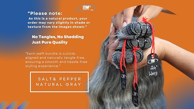 24” Wavy Salt & Pepper/Natural Gray 3 bundles. Its 100% Natural Indian Virgin Raw Hair Extensions .Natural color unprocessed and not treated with any kind of chemicals