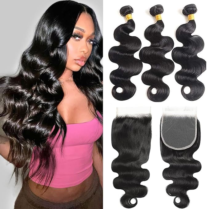 12A Body Wave Human Hair Bundles with Closure (16 18 20 +14,Free Part) Closure with 3 Bundles Brazilian Virgin Hair Extensions with Pre Plucked with Baby Hair 5X5 HD Lace Closure Natural Black Color