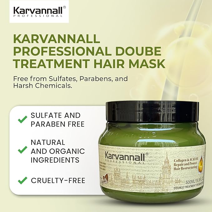 Double Treatment Hair Mask | Collagen & Acai Oil, Hair Repair Treatment Cream for Dry, Damaged & Color-Treated Hair, Sulfate & Paraben-Free, For All Hair Types, 16.9 fl oz / 500 ml