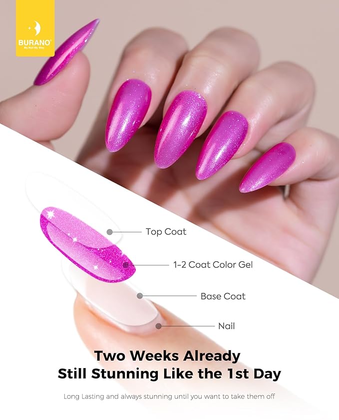 BURANO Glitter Gel Nail Polish with LED UV Cure, Shimmer Holographic Effect - Sparkle Gel for Home DIY Salon (Rose Purple LP56)