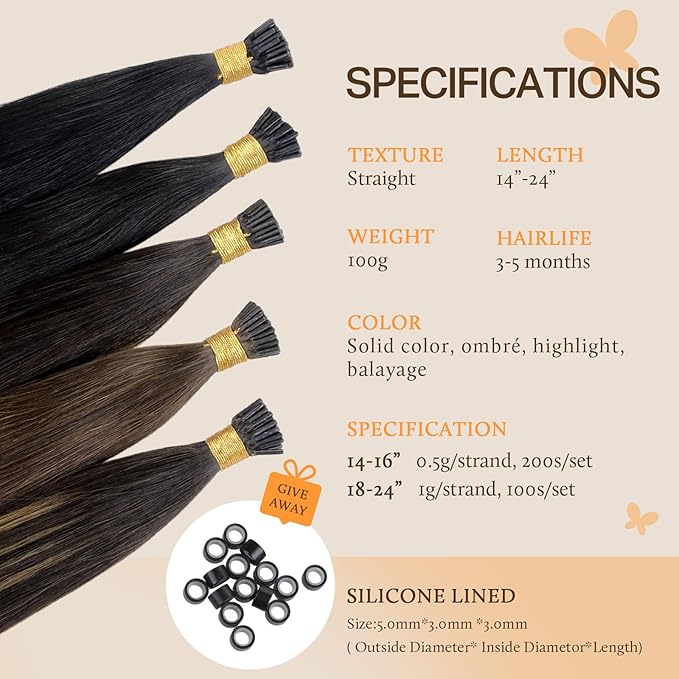 DOORES I Tip Hair Extensions Human Hair,14 Inch 100g 200s Itip Human Hair Extensions,Natural Black I Tip Hair Extensions,Virgin Human Hair Extensions
