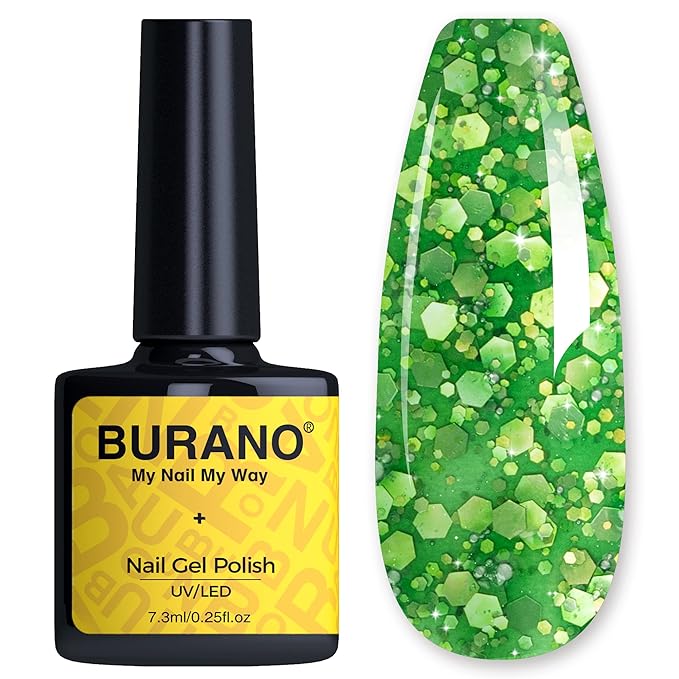 BURANO Glitter Gel Nail Polish, LED UV Nail Gel Shimmer Holographic Effect Soak off DIY Nail Salon (Green LP8)