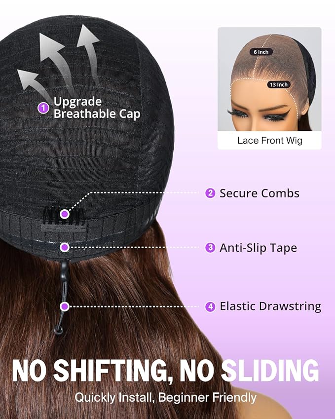 13x6 Three-Go™ Lace Front Wigs Human Hair Glueless Chocolate Brown Human Hair Wig 220% Density HD Lace Frontal Drawstring Glueless Wig Pre Bleached Pre Plucked Loose Wave Wigs 24 Inch 4#