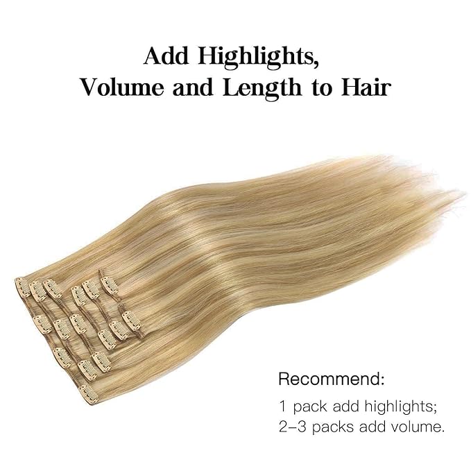 HOTBANANA Human Hair Clip in Hair Extensions, Balayage Light Blonde Highlighted Golden Blonde (Ash Tone) 120g Clip in Hair Extensions Real Human Hair Straight Remy 16 Inch 7pcs