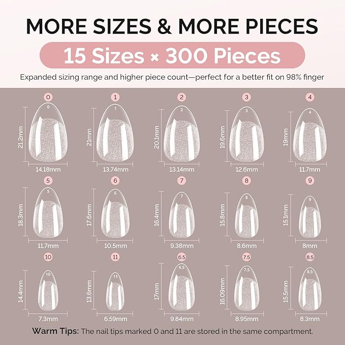 MelodySusie Short Almond X Nail Tips - 300Pcs 15Sizes Clear Acrylic,Half Matte Full Cover Press on Nails for DIY Extension & Salon Use, Pre-Shaped for Long-Lasting Manicure