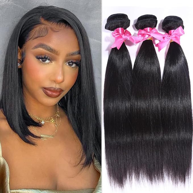 Brazilian Virgin Hair Straight 12A 100% Unprocessed Human Hair Straight Bundles 150% Density (10 12 14 inches) Double Weft Human Hair Weave 3 Bundles Natural Black Color For Women