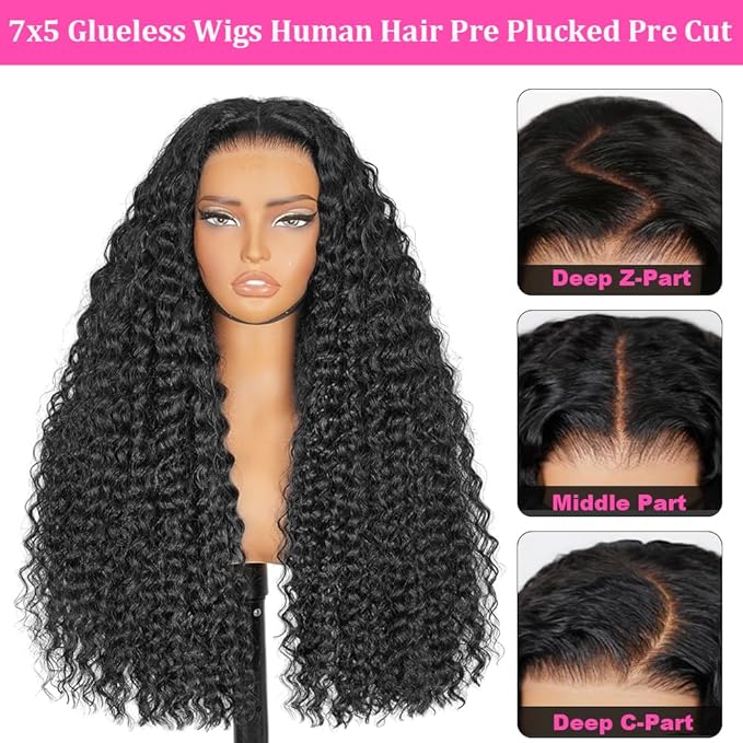 Wear and Go Glueless Wigs Human Hair Pre Plucked Pre Cut 7x5 HD Lace Deep Wave Lace Front Wigs Human Hair 200 Density with Drawstring Natural Hairline No Glue Curly Lace Front Wig for Women 16 Inch