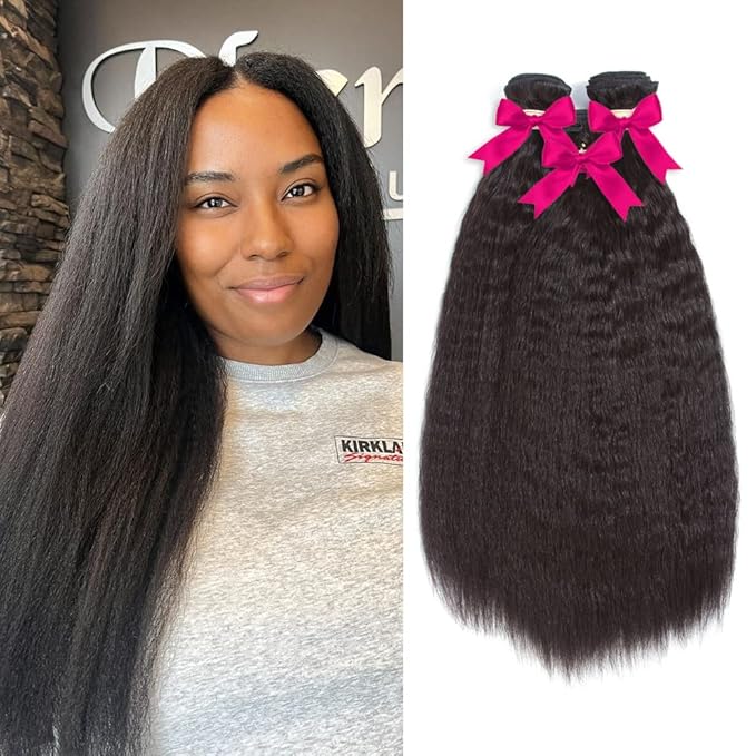 Kerriana Kinky Straight Human Hair Bundles, 26 28 30 Inch Bundles Human hair Natural Color 3pcs Long Yaki Straight For Black Women