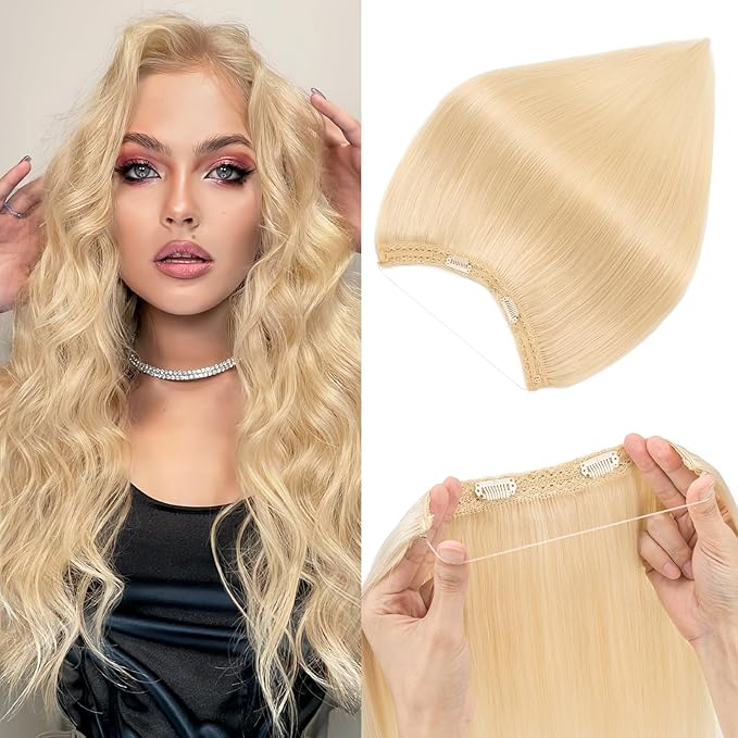 Halo Hair Extensions Real Human Hair,Halo Hair Extension 100% Human Hair,Wire Hair Extensions,Thicker 60 Platinum Blonde 14inch/70g