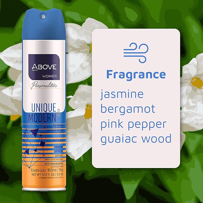 ABOVE Unique and Modern - 48 Hours Personalities Antiperspirant Deodorant for Women - Notes of Jasmine and Sandalwood - Dry Spray Protects Against Sweat and Body Odor - Alcohol Free - 3.17 oz