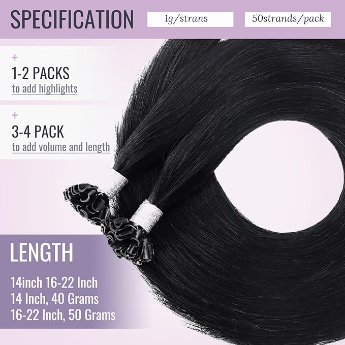 fshine Jet Black U Tip Hair Extensions Real Human 18 Inch Pre Bonded Hot Fusion Keratin Bondings Straight Soft 50g/Pack 1.7637 Ounce